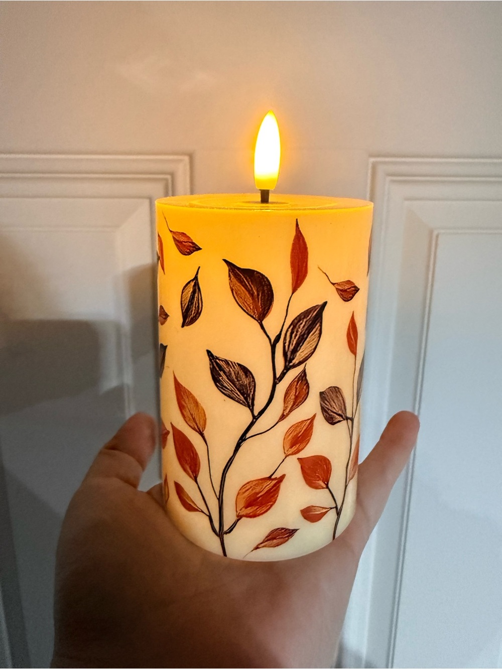 6 pack of Faux Pillar Flameless Candle with Autumn Leaf Design - Cream